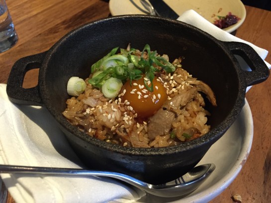 Duck Confit fried rice, maitake mushroom, leek, soy cured egg yolk